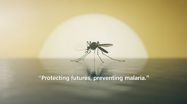 A mosquito silhouetted against a rising sun over water, with text emphasizing malaria prevention.