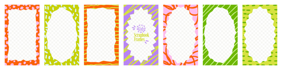 Paper kids frames with scribble pencil textures, crayon patterns and cutout borders. Kindergarten doodle collage set.