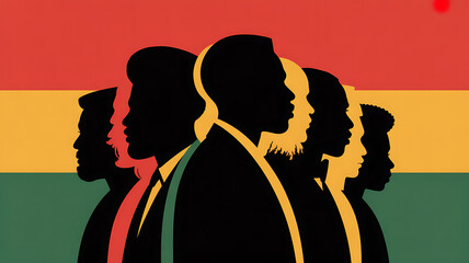 Silhouettes of diverse individuals in profile against a red, yellow, and green background