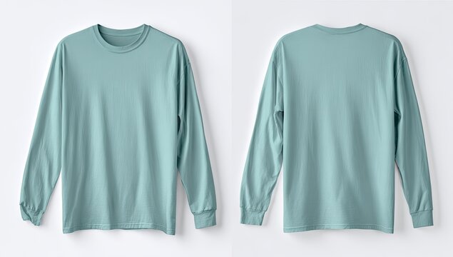 A pale teal long-sleeved crewneck t-shirt shown from front and back against a white background.  The shirt is plain and unadorned
