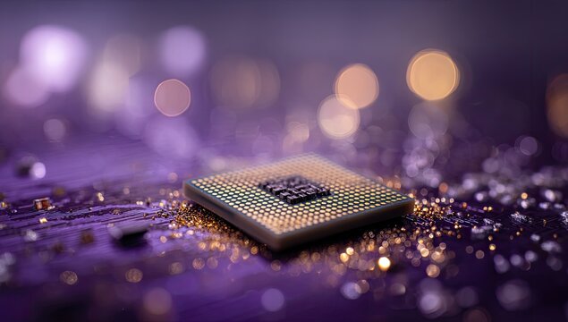 Close-up of a microprocessor on a purple surface, surrounded by gold particles and bokeh lights