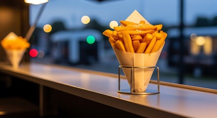 Golden French Fries in Paper Cone with Metal Holder on Countertop at Dusk