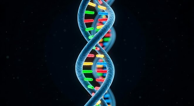 A detailed, vibrant illustration of a DNA strand, highlighted with colorful segments, against a dark background.