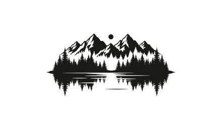 Mountain landscape silhouette reflected in water with trees  