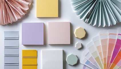 Pastel paper fans, sticky notes, color swatches, and small hexagonal objects arranged on a white background; a flat lay showcasing a harmonious color palette
