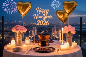 Romantic New Year's Eve 2026 dinner with fondue, roses, candlelight and fireworks over city skyline, a perfect celebration for lovers, creating memories that will last a lifetime