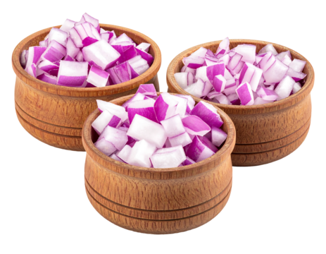 Three wooden bowls filled with diced red onions