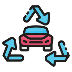 Red car with three blue directional arrows forming a circular flow