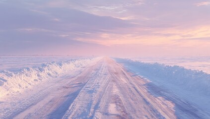 A snow-covered road vanishes into a pastel sunrise, flanked by snowdrifts under a soft, hazy sky