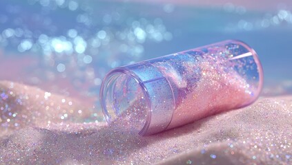 A translucent cylinder spills iridescent pink and white glitter onto a shimmering, pastel beach against a blurred ocean backdrop