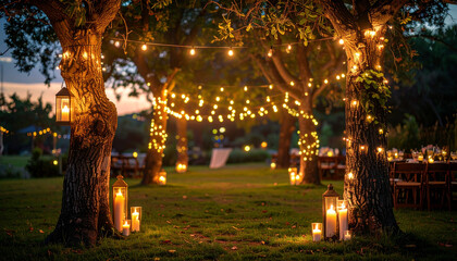 Outdoor wedding reception with string lights and candles illuminating the trees and tables.