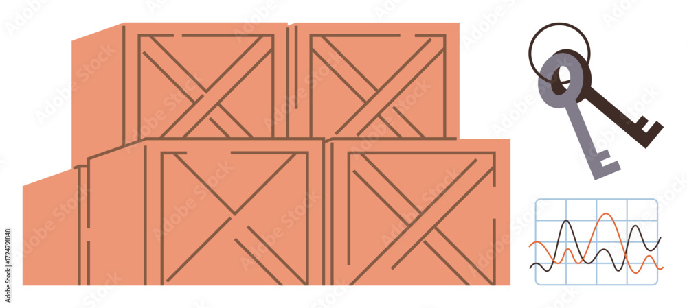 Aufkleber stacked wooden crates, overlapping keys, and a line graph showing data trends. ideal for logistics, 