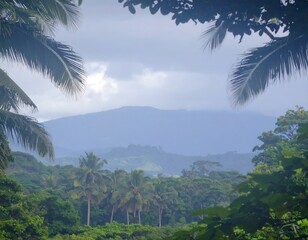 Tropical landscape with mountains and palm trees