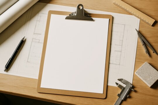 Blank clipboard on architectural blueprint with drafting tools on wooden desk, under soft natural light, concept of design planning workspace setup. Ai generative