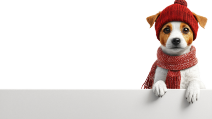Cute dog wearing red hat and scarf, looking curiously at viewer