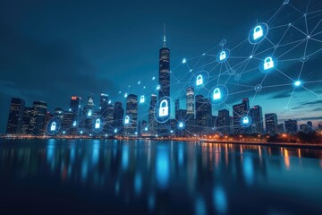 Cityscape at night with glowing locks connected by lines over water reflections and a tall tower