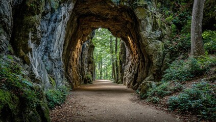 Fototapeta premium Rocky tunnel path through lush forest