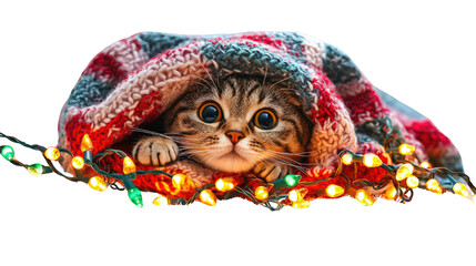 Cute Tabby Cat Under Cozy Blanket with Colorful Christmas Lights