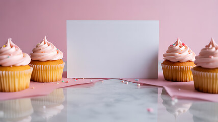 Four cupcakes with pink frosting and sprinkles arranged around a blank card on a marble surface with pink background