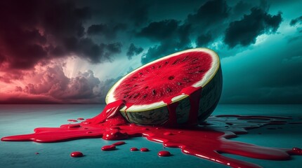Vivid explosion of color as a watermelon spills its juicy goodness against a dramatic sky at dusk in an artistic still life scene