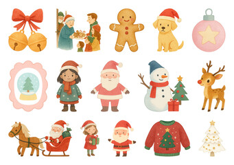 PNG Festive Christmas cartoon illustrations, element set on transparent background