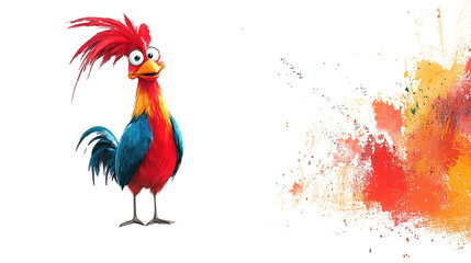 Fototapeta premium Colorful Cartoon Rooster Character with Paint Splash Background