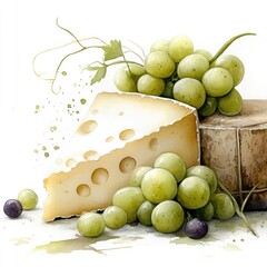 Bunch of green grapes with a slice of cheese on a white backdrop. For food magazines or culinary blogs, watercolor style.