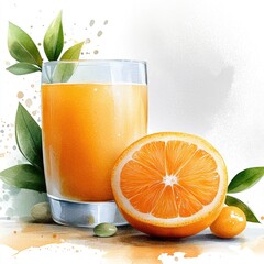 Orange juice in a glass with orange slices on a white backdrop. For culinary notebooks or nutrition articles, watercolor style.
