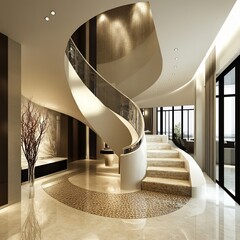 A modern and luxurious interior design with a spiral staircase, marble flooring, and elegant lighting fixtures creating a grand entrance