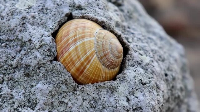 Close-up of a snail shell nestled within a textured rock face, with a layer of  lichen or moss