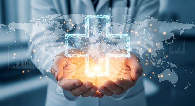 Global Healthcare Network Concept: Hands Holding Illuminated Cross