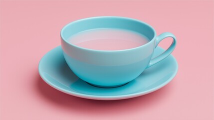 Fototapeta premium Light blue teacup with pastel pink liquid inside isolated on pastel pink background