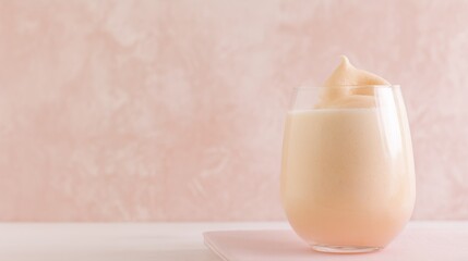 Peach milkshake with a creamy top in a clear glass, natural pastel background, free space for text