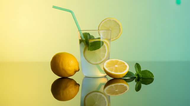 A refreshing glass of lemonade with mint and lemon slices on a reflective surface against a gradient background
