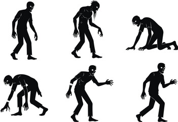Six creepy zombie silhouette vector illustration, scary undead monster crawling and walking design, spooky horror Halloween artwork isolated on white background