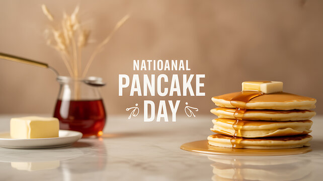 Stack of pancakes with butter and syrup on a marble surface for National Pancake Day