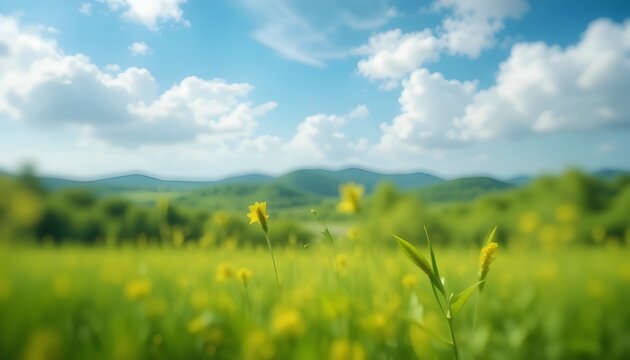 “Abstract Blurred Green Nature Background with Blue Sky and White Clouds – Soft Scenic Wallpaper Design”