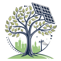 Obraz premium Vector art of a tree with solar panels as leaves, symbolizing renewable energy and sustainability, with a city skyline in the background, a concept for green technology
