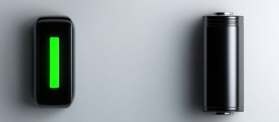 A glowing green-bar gadget and a black cylindrical battery rest against a gray background