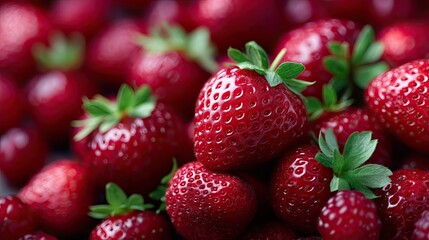 Pile of Fresh Red Strawberries with Green Stems Close Up