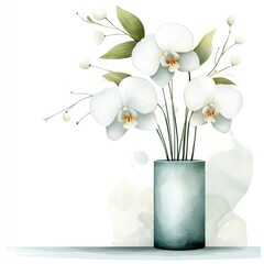 Potted orchid with white petals and a thin stem on a white background. For crafts, delicate watercolor art.