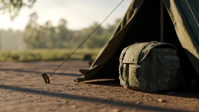 Campground scene with military tent and olive green canvas bag outdoors in a camping environment. Army tent camp on dirt ground with blurred trees in background.