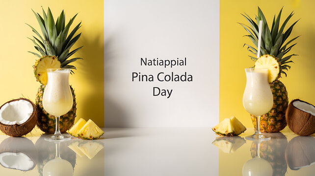 Pina Colada drinks with pineapple and coconut on a yellow and white background for National Pina Colada Day - Powered by Adobe