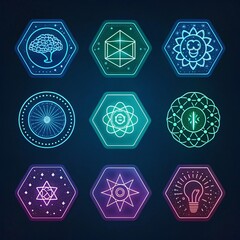 Mystical Badges Collection: Intricate neon-colored badges on a dark background, embodying symbolic and abstract concepts that captivate with their artistic glow.