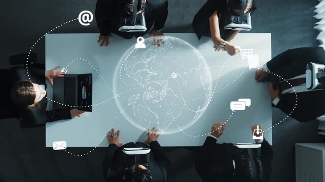 A professional business team collaborates on innovative ideas over a table with digital interfaces, communication symbols, and global connectivity concepts showcased. Raster - Powered by Adobe