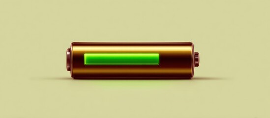 A cylindrical battery with a glowing green charge indicator. The background is a flat, muted yellow