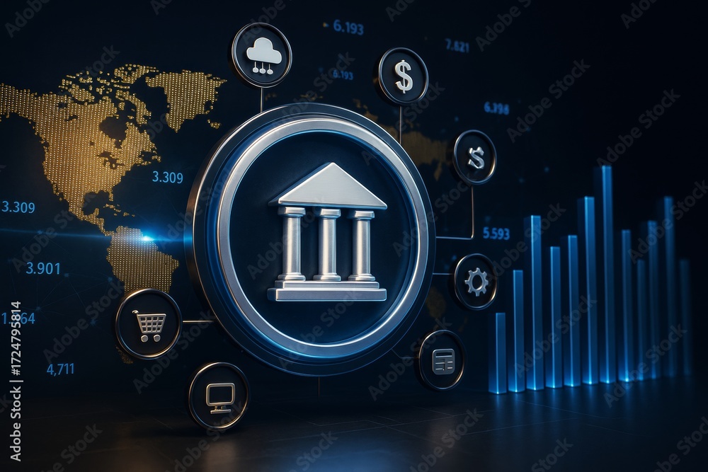 Poster digital banking technology interface with financial icons and glowing data charts over a dark world 
