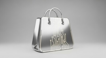 Futuristic silver handbag with circuit board design on a gray background