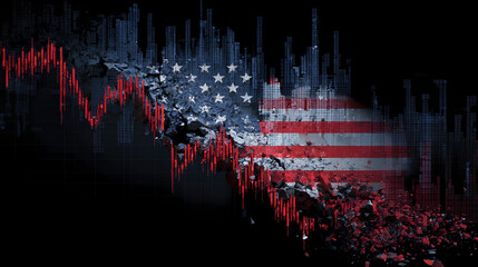 Crisis in USA, rising inflation, devaluation of dollars and the economy. Stock market trading graph with american flag is damage. Effect of recession US economy and import tariffs. Stock Illustration
