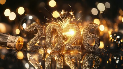 Golden 2026 numerals with sparkler and champagne bottle against blurred lights, celebrating the upcoming new year